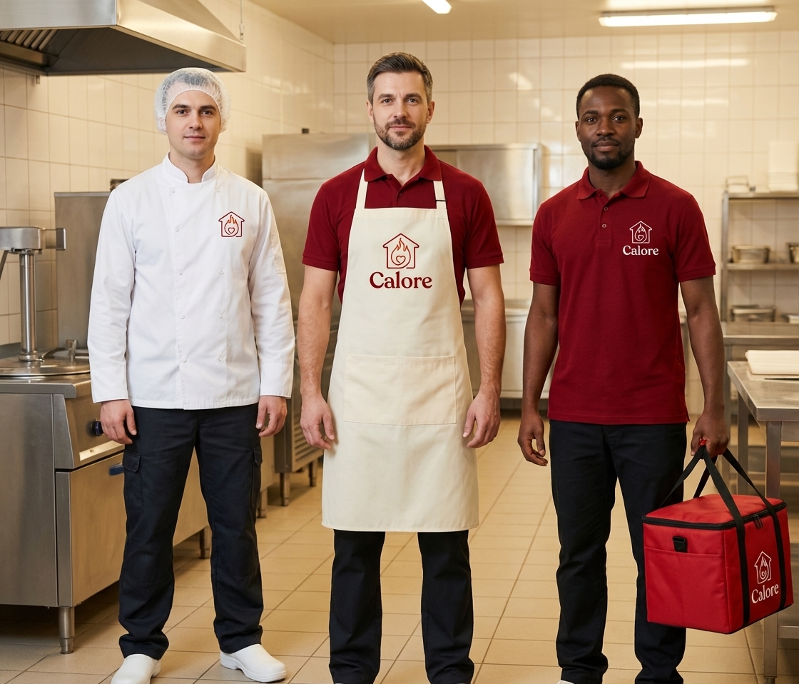 Equipe Calore em uniforme, na cozinha da Gran Vitória em Serra-ES