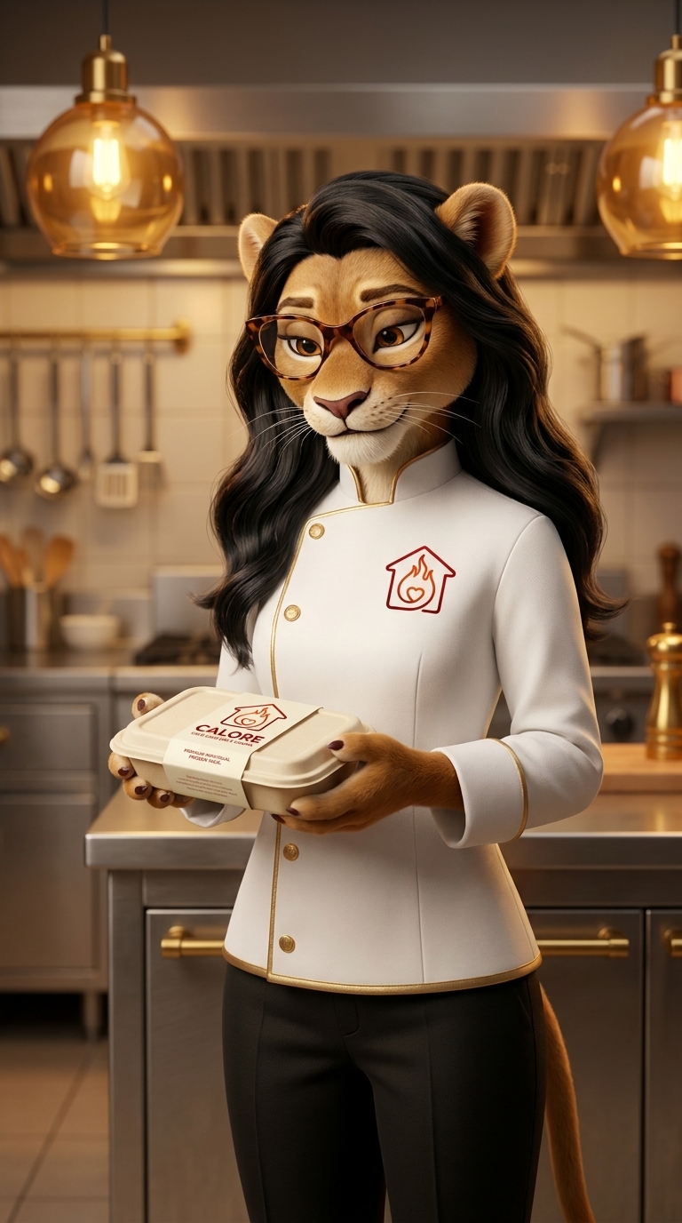 Ilustração de marmita Calore biodegradável em cozinha profissional, representando alimentação ultracongelada individualizada como solução escalável